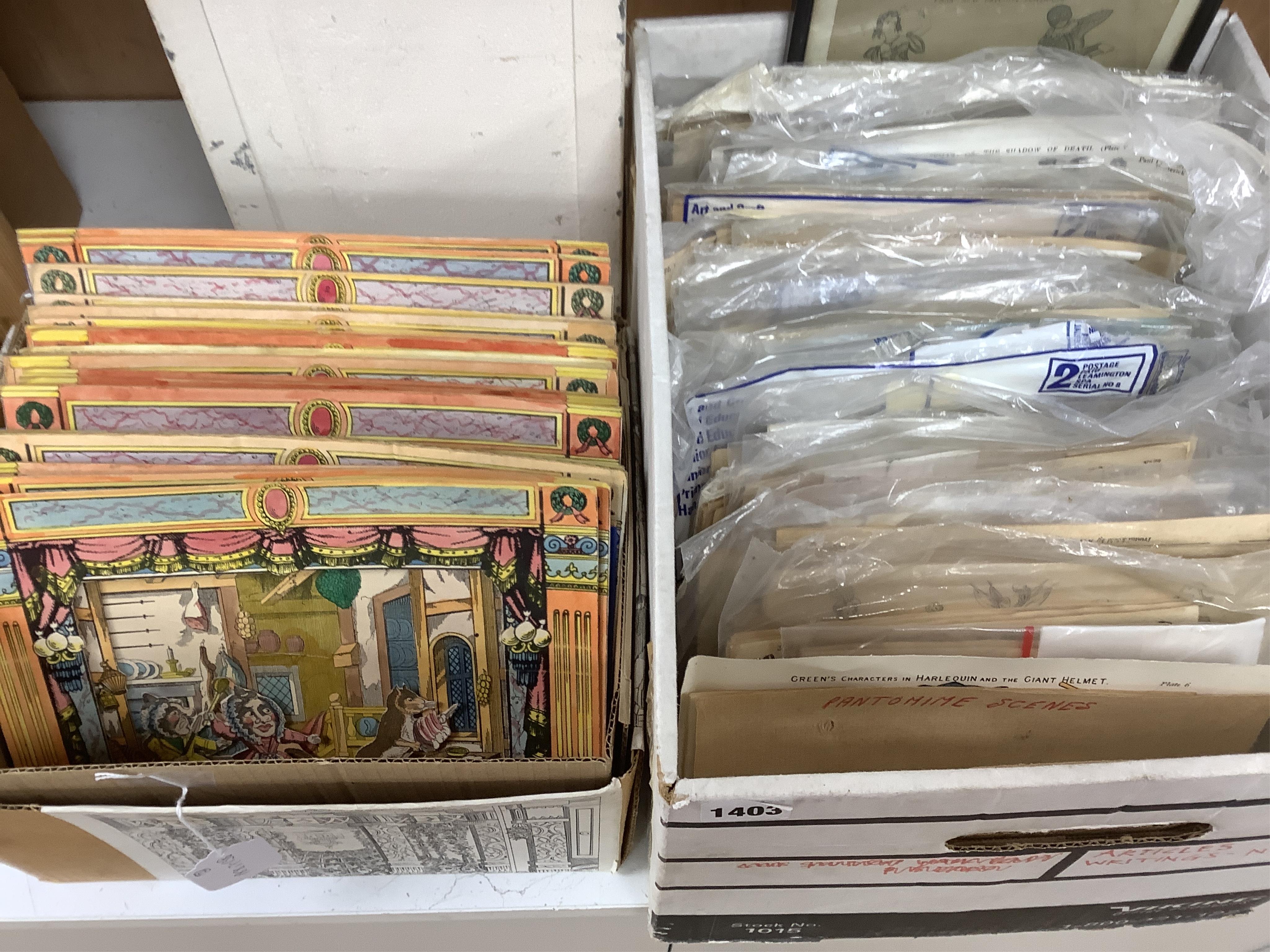 Juvenile Drama, a group of hand painted toy theatre back drops including Remington, Pollock, Webb etc. various sets of characters and scenes (2 boxes)